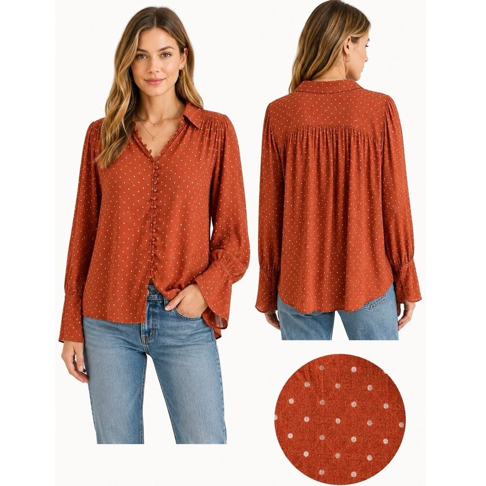 Free People Women’s Size M Orange New World Dotted Blouse Boho Flowy Top Fall